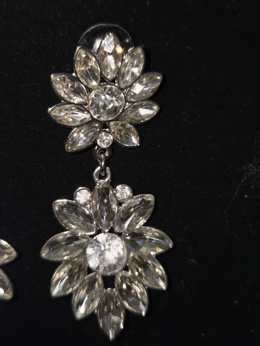 Crystal Rhinestone Floral Drop Earrings Silver Tone Pierced 2.5" Statement - Picture 7 of 7